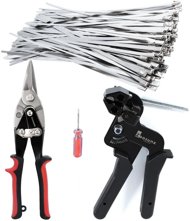 Main image of Metal Zip Ties Tool kit. Stainless Steel Cable Tie Tensioner, 100PCS 11.8" Metal Zip Ties Heavy-Duty & 10" Aviation Tin Snips for Fence, Pipe, Outdoor and Repairs.(100pcs+Tool+Snips, SILVER)