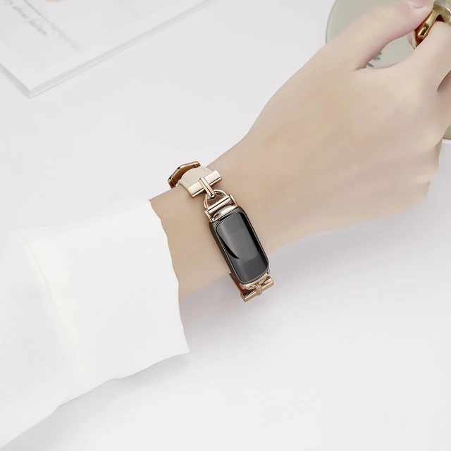 Alt view image 2 of 5 - Leather Bands Compatible with Fitbit Inspire 3 Bands,Beige/Rose Gold Replacement,D-Shaped,Watch,Straps,Soft,Wristband,for Fitbit Inspire 3 Fitness,Tracker,Women&Men
