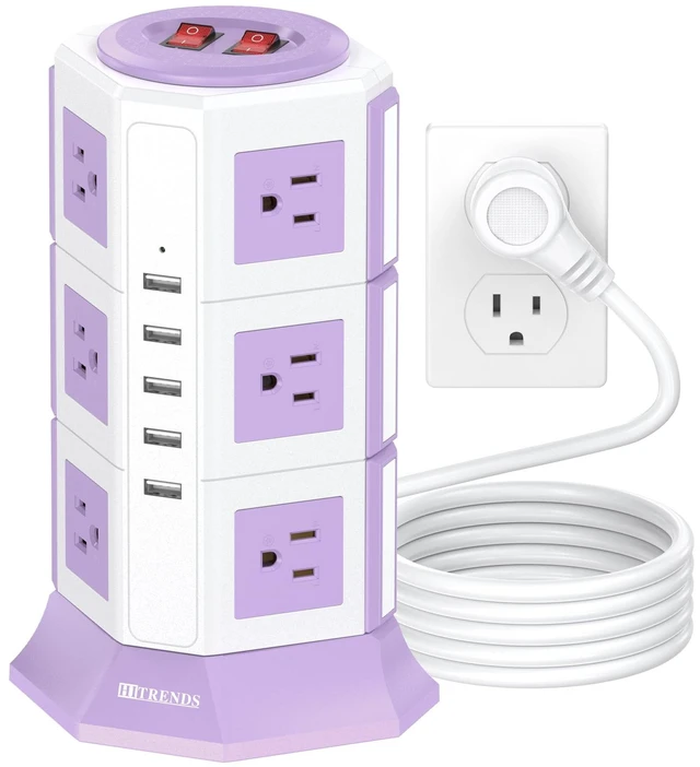 Main image of Purple Tower Power Strip with 12 AC Outlets and 5 USB Ports, 1050J Overload Protection, 16AWG 6.5 Ft Flat Plug Extension Cord, Space Saving Vertical Design for Home Office and Dorm Room