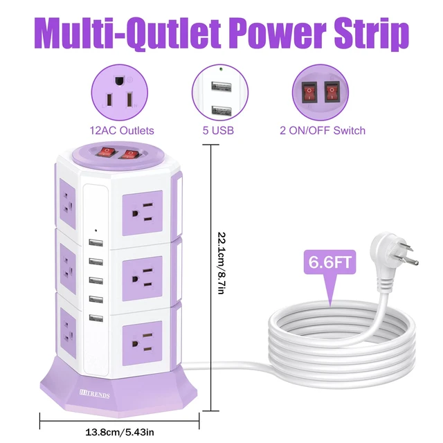 Alt view image 2 of 7 - Purple Tower Power Strip with 12 AC Outlets and 5 USB Ports, 1050J Overload Protection, 16AWG 6.5 Ft Flat Plug Extension Cord, Space Saving Vertical Design for Home Office and Dorm Room