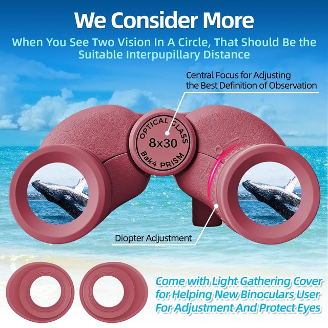 Alt view image 3 of 5 - 8x30 Red Compact Binoculars for Adults & Kids High Power, Waterproof, Bird-Watching Hiking Travel