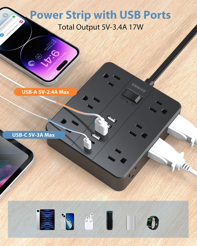 Alt view image 4 of 6 - Power Strip Flat Plug with 12 Outlets 6 USB(2 USB C), Charging Station with Overload Protection,5ft Extension Cord Widely Spaced Multiple Outlets for Home Office Dorm,Black