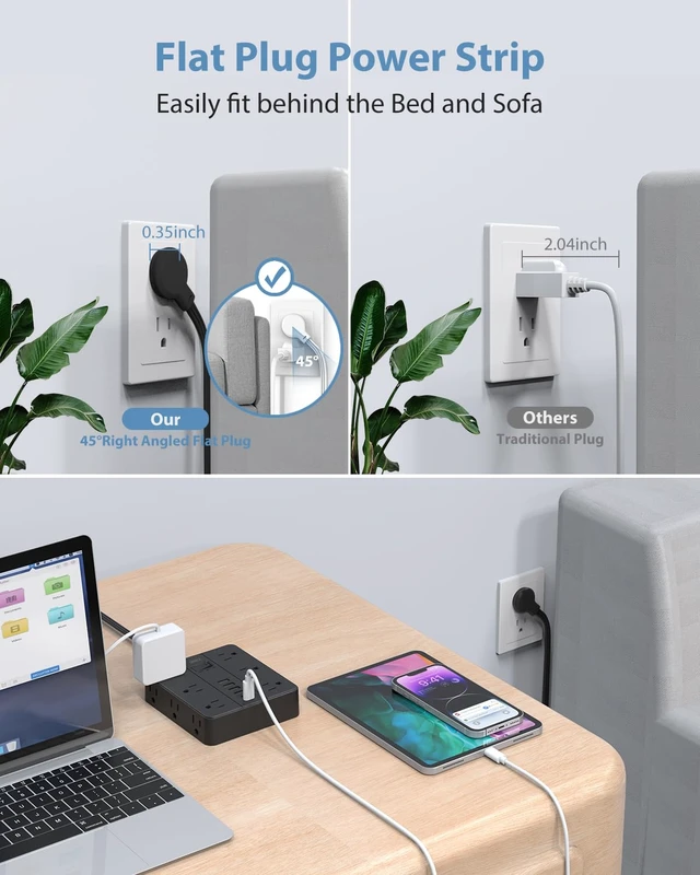 Alt view image 6 of 6 - Power Strip Flat Plug with 12 Outlets 6 USB(2 USB C), Charging Station with Overload Protection,5ft Extension Cord Widely Spaced Multiple Outlets for Home Office Dorm,Black