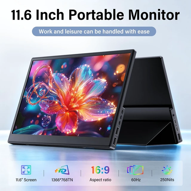 Alt view image 2 of 7 - 11.6 Inch Small Monitor, Ultra Slim Travel Second Screen for Laptop PC Mac Phone, HDMI/USB-C Plug & Play, Portable External Monitor with Leather Kickstand Case