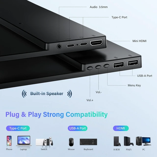 Alt view image 6 of 7 - 11.6 Inch Small Monitor, Ultra Slim Travel Second Screen for Laptop PC Mac Phone, HDMI/USB-C Plug & Play, Portable External Monitor with Leather Kickstand Case