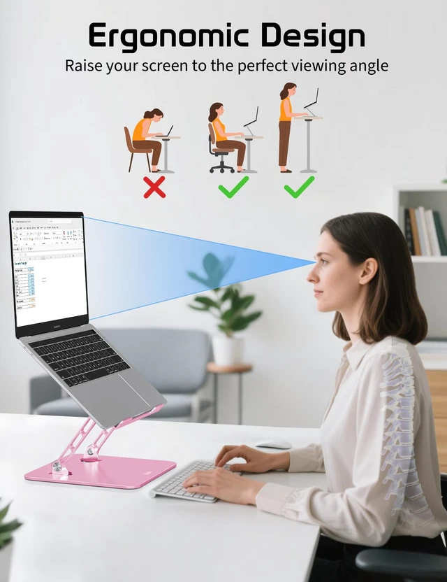 Alt view image 3 of 7 - Adjustable Aluminum Laptop Stand for Desk,Ergonomic Riser, Pink Open Ventilated Design, Fits MacBook Pro/Air & 10"-16" Laptops, Stable Support for Office, Home & Travel