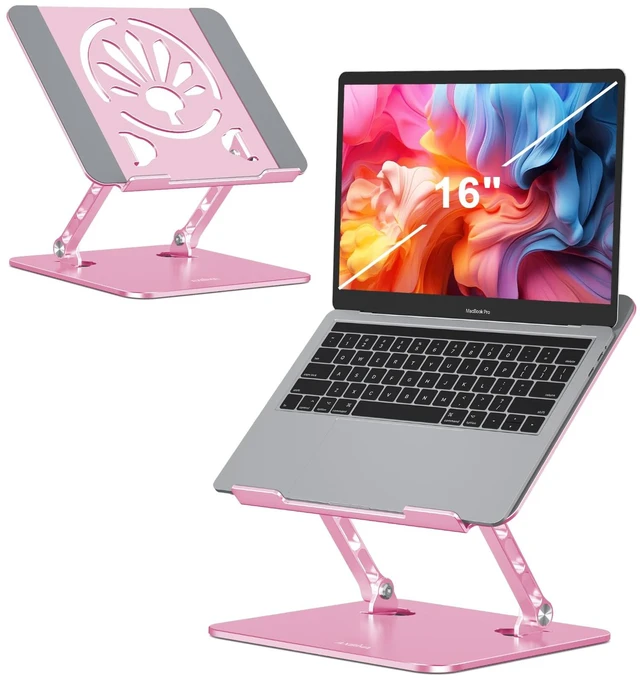 Main image of Adjustable Aluminum Laptop Stand for Desk,Ergonomic Riser, Pink Open Ventilated Design, Fits MacBook Pro/Air & 10"-16" Laptops, Stable Support for Office, Home & Travel