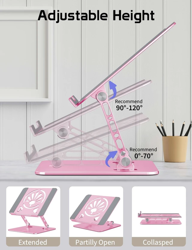 Alt view image 4 of 7 - Adjustable Aluminum Laptop Stand for Desk,Ergonomic Riser, Pink Open Ventilated Design, Fits MacBook Pro/Air & 10"-16" Laptops, Stable Support for Office, Home & Travel