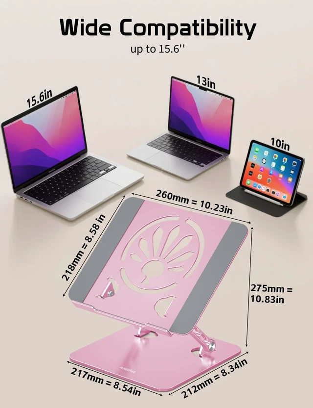 Alt view image 7 of 7 - Adjustable Aluminum Laptop Stand for Desk,Ergonomic Riser, Pink Open Ventilated Design, Fits MacBook Pro/Air & 10"-16" Laptops, Stable Support for Office, Home & Travel