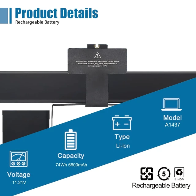 Alt view image 2 of 5 - A1437 Laptop Battery for Apple Late 2012 Early 2013 MacBook Pro 13-inch Retina A1425 EMC 2557 EMC 2672 Battery MacBook Pro 13" A1425 Battery 11.21V 74Wh