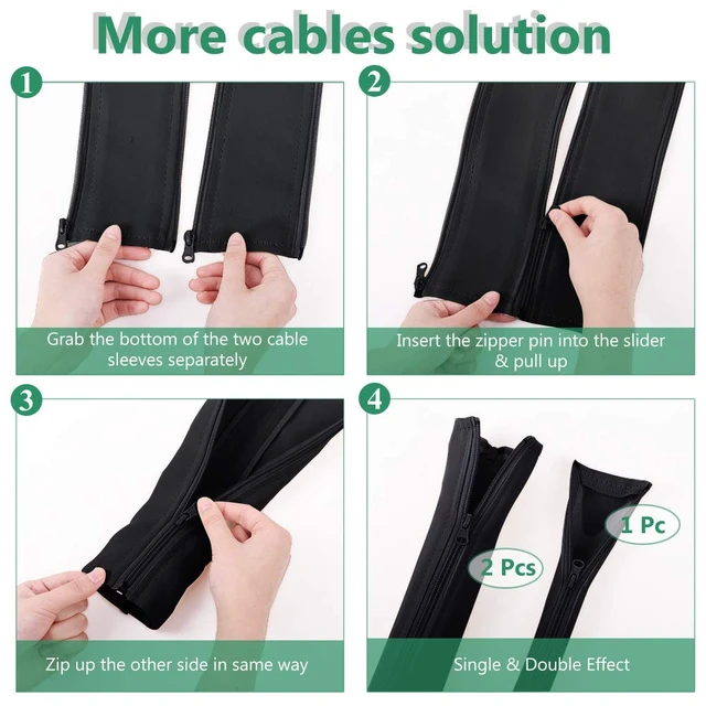 Alt view image 4 of 7 - Cable Management Sleeves for Wires 19 Inch, 4 Pieces -Black Cord Management System Wrap Cover Organizer with Zipper, Wire Hider Protector for TV, PC Computer, Office, Home Entertainment