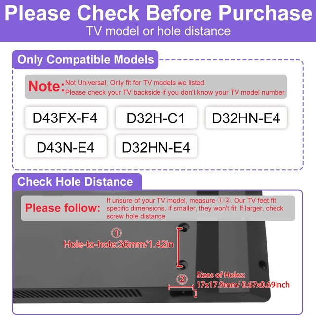 Alt view image 2 of 7 - TV Legs Only for Specific Models D32H-C1, D32HN-E4, D43FX-F4, D43N-E4 for Vizio TV Legs Replacement, Not a Universal Stand - Check Model List Before Purchase, Only for Vizio TV Stand Listed