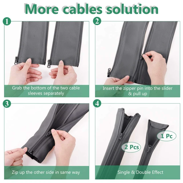 Alt view image 4 of 7 - Cable Management Sleeve Organizer Kit, 19 Inch, 4 Pieces -Grey Home and Office Zip-up Cable Sleeve Wire Organizer Flexible Cord Concealer Wrap