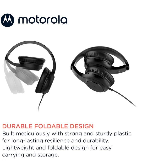 Alt view image 3 of 5 - Moto XT120 Over Ear Headphones Wired with Microphone, in-Line Command Control for Calls - Foldable Wired Headphones with Adjustable Cushioned Headband, Dynamic Bass, 3.5mm Jack - Black