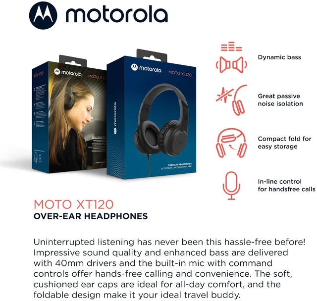 Alt view image 2 of 5 - Moto XT120 Over Ear Headphones Wired with Microphone, in-Line Command Control for Calls - Foldable Wired Headphones with Adjustable Cushioned Headband, Dynamic Bass, 3.5mm Jack - Black