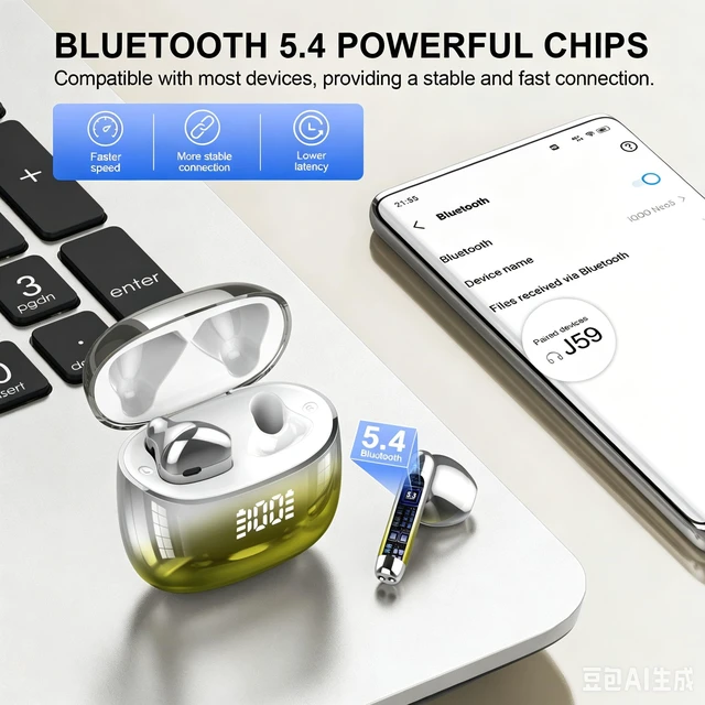 Alt view image 3 of 7 - Wireless Earbuds, Bluetooth Headphones 48H Playtime Ear Buds with LED Power Display, IPX7 Waterproof Bluetooth 5.4 Earphones in-Ear Earbuds with 4 Mic for Android iOS Cell Phone Laptop (Yellow)