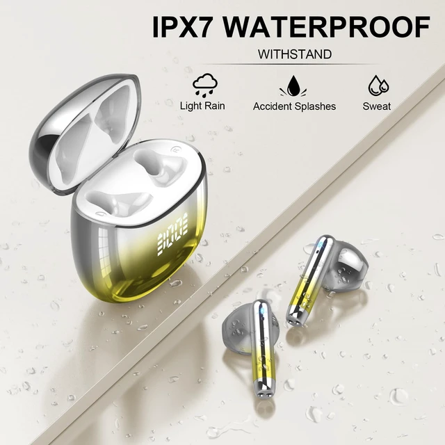 Alt view image 6 of 7 - Wireless Earbuds, Bluetooth Headphones 48H Playtime Ear Buds with LED Power Display, IPX7 Waterproof Bluetooth 5.4 Earphones in-Ear Earbuds with 4 Mic for Android iOS Cell Phone Laptop (Yellow)