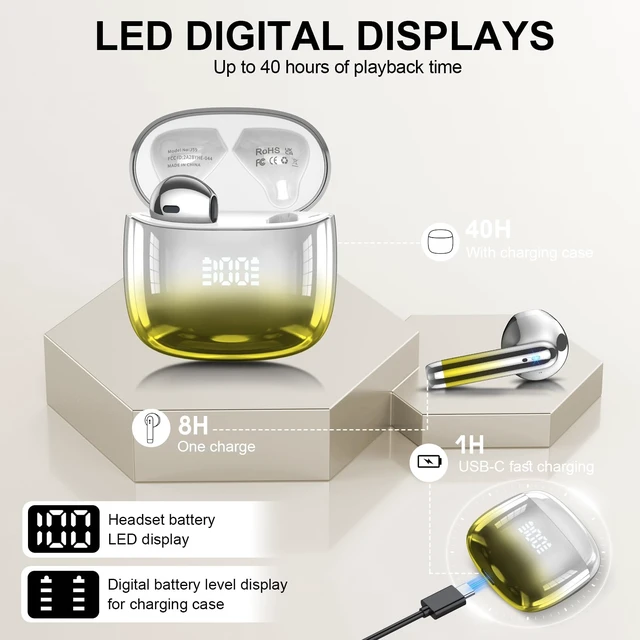 Alt view image 7 of 7 - Wireless Earbuds, Bluetooth Headphones 48H Playtime Ear Buds with LED Power Display, IPX7 Waterproof Bluetooth 5.4 Earphones in-Ear Earbuds with 4 Mic for Android iOS Cell Phone Laptop (Yellow)