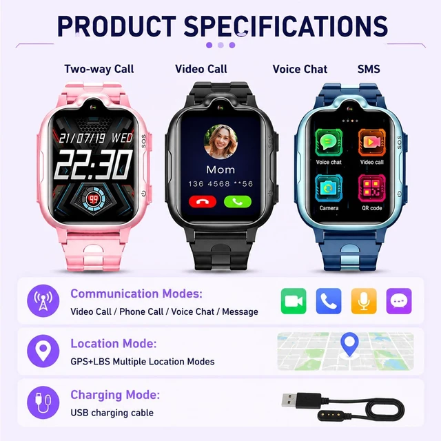 Alt view image 7 of 7 - 4G GPS Smart Watch for Kids with Calling Whatsapp Line Facebook TikTok Tracker Phone Watch Video Call SOS Alarm Voice Chat Message Real-Time Tracking Smartwatch for Age 3-15 Gift Pink