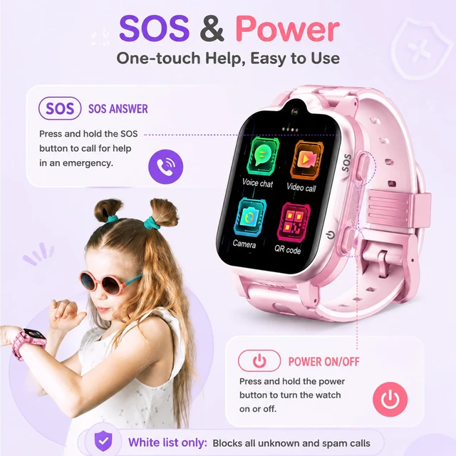 Alt view image 3 of 7 - 4G GPS Smart Watch for Kids with Calling Whatsapp Line Facebook TikTok Tracker Phone Watch Video Call SOS Alarm Voice Chat Message Real-Time Tracking Smartwatch for Age 3-15 Gift Pink