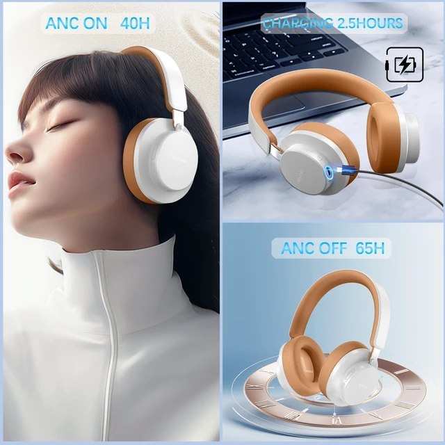 Alt view image 2 of 7 - Over Ear Headphones Wireless Bluetooth, Noise Cancelling Headphones Bluetooth with Microphone, Cancelling Wireless Headphones Over Ear, 65h Playtime, Clear Calls, Comfort Fit For Travel (Grey Brown)