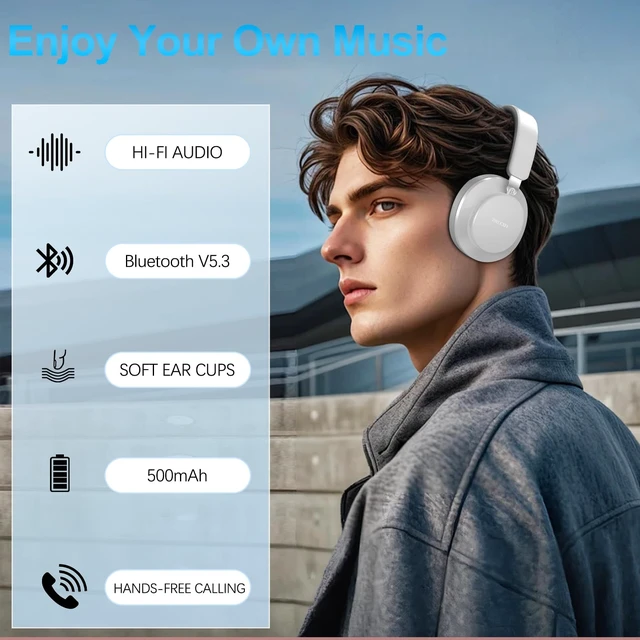 Alt view image 6 of 6 - Noise Cancelling Headphones Wireless Bluetooth, Over Ear Headphone Bluetooth with Microphone, Cancelling Wireless Headphones Over Ear, 65h Playtime, Clear Calls, Comfort Fit for Travel (Grey)
