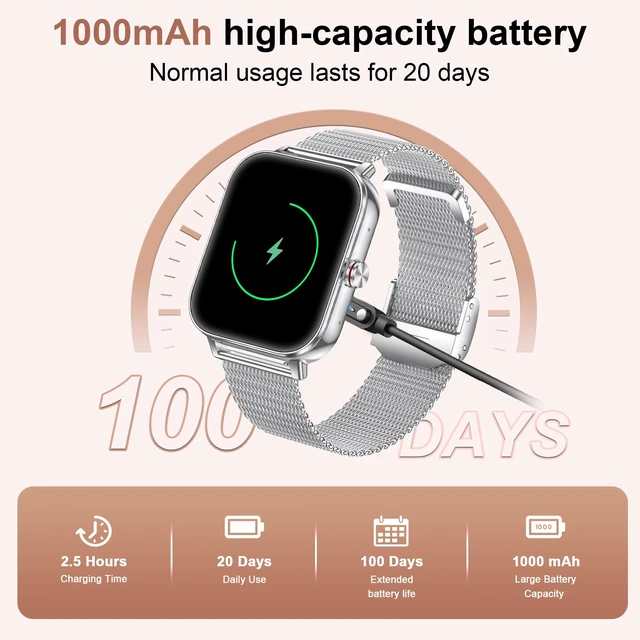 Alt view image 5 of 7 - Smart Watches for Women, 1000mAh Battery lasts 20 days, 1.85" Smart Watch (Answer/Make Calls) Heart Rate/Sleep Monitoring, Activity Trackers 130+ Sports Modes, IP68 Fitness Watch for iOS Android
