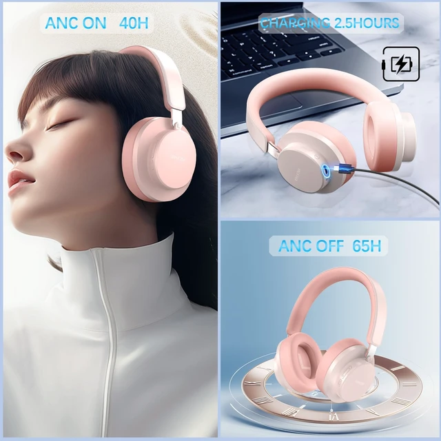 Alt view image 2 of 7 - Over Ear Headphones Wireless Bluetooth, Noise Cancelling Headphones Bluetooth with Microphone, Cancelling Wireless Headphones Over Ear, 65h Playtime, Clear Calls, Comfort Fit For Travel (Pink)