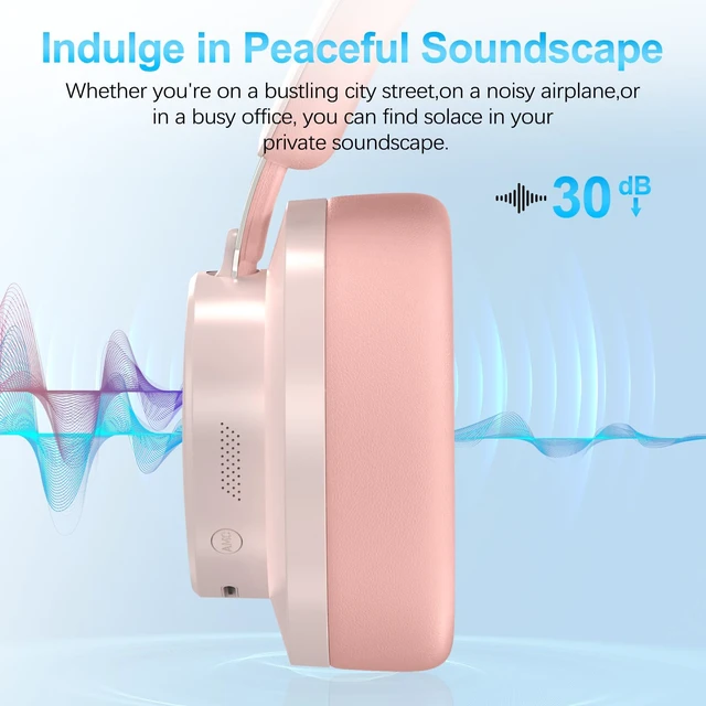 Alt view image 3 of 7 - Over Ear Headphones Wireless Bluetooth, Noise Cancelling Headphones Bluetooth with Microphone, Cancelling Wireless Headphones Over Ear, 65h Playtime, Clear Calls, Comfort Fit For Travel (Pink)