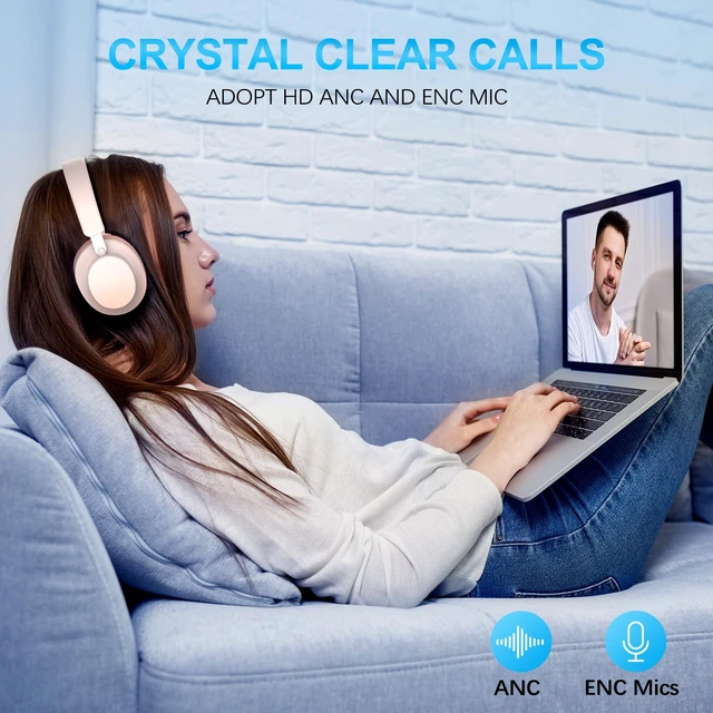 Alt view image 4 of 7 - Over Ear Headphones Wireless Bluetooth, Noise Cancelling Headphones Bluetooth with Microphone, Cancelling Wireless Headphones Over Ear, 65h Playtime, Clear Calls, Comfort Fit For Travel (Pink)