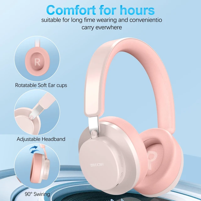 Alt view image 6 of 7 - Over Ear Headphones Wireless Bluetooth, Noise Cancelling Headphones Bluetooth with Microphone, Cancelling Wireless Headphones Over Ear, 65h Playtime, Clear Calls, Comfort Fit For Travel (Pink)