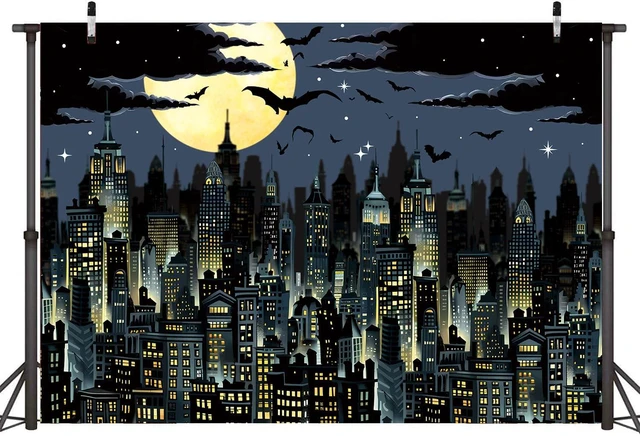 Alt view image 2 of 7 - Super City Superhero Backdrop 8x6FT Yellow Full Moon Skyline Cityscape Theme Photography Background Boys Birthday Party Cake Table Decorations Banner Photo Props