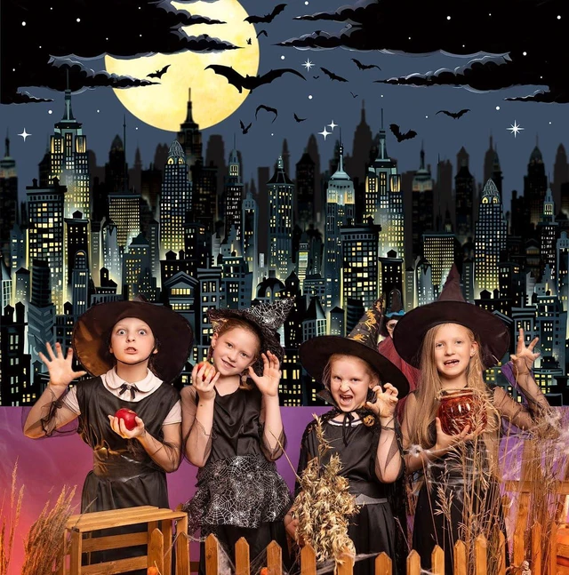 Alt view image 3 of 6 - Super City Superhero Backdrop 7x5FT Yellow Full Moon Skyline Cityscape Theme Photography Background Boys Birthday Party Cake Table Decorations Banner Photo Props