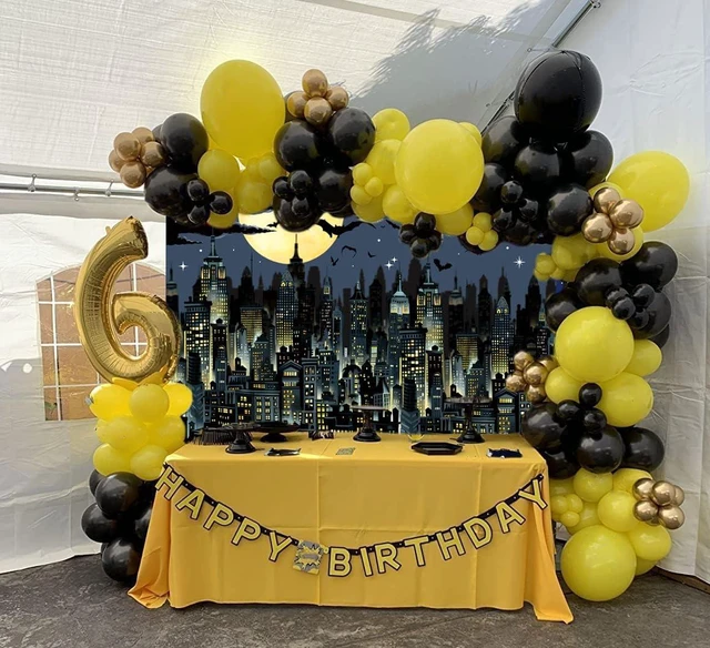 Alt view image 5 of 7 - Super City Superhero Backdrop 8x6FT Yellow Full Moon Skyline Cityscape Theme Photography Background Boys Birthday Party Cake Table Decorations Banner Photo Props