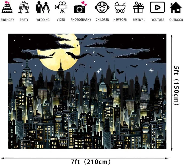 Alt view image 5 of 6 - Super City Superhero Backdrop 7x5FT Yellow Full Moon Skyline Cityscape Theme Photography Background Boys Birthday Party Cake Table Decorations Banner Photo Props