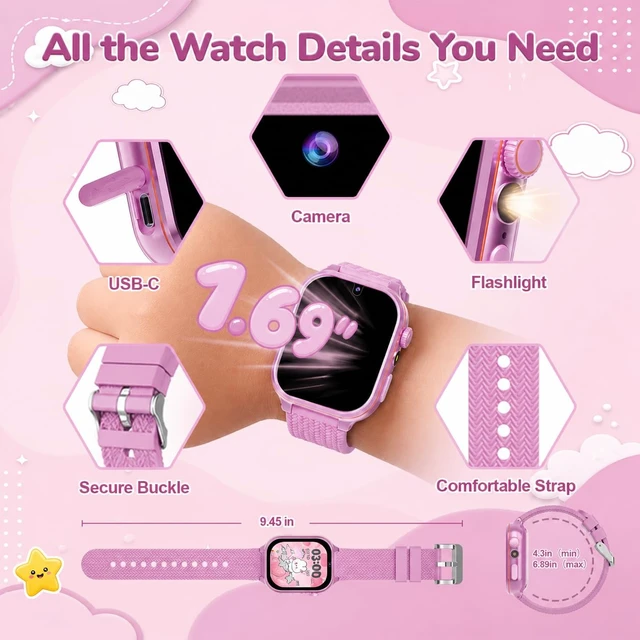 Alt view image 6 of 7 - Smart Watch for Kids with 180+ Learning Games, Video Camera, Piano 1.69'' Kids Watch Kids Toys, 25+ Digital Watch Faces, Music, Alarm Clock, Pedometer, Birthday Gift Toys for Girls Ages 3-10