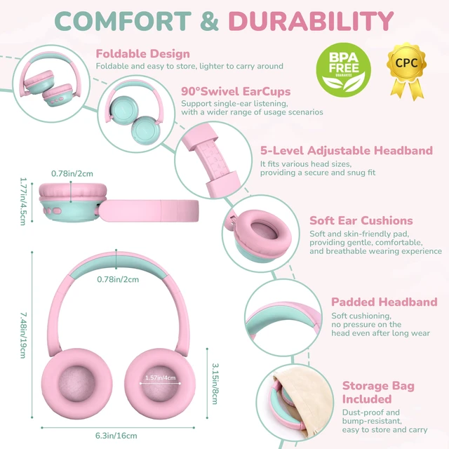 Alt view image 5 of 7 - Kids Bluetooth Headphones for Toddler Travel, 74/85/94dB Limit-Pink 60H Playtime, Bluetooth 6.0, Storage Bag&Sticker, Aux Cable, Lightweight Kids Wireless Headphones for Girl/Boy/iPad/Tablet/PC