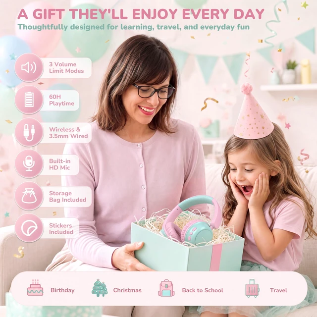 Alt view image 6 of 7 - Kids Bluetooth Headphones for Toddler Travel, 74/85/94dB Limit-Pink 60H Playtime, Bluetooth 6.0, Storage Bag&Sticker, Aux Cable, Lightweight Kids Wireless Headphones for Girl/Boy/iPad/Tablet/PC