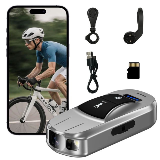 Main image of Bike Camera, Bicycle Camera with Up to 7H Recording, Loop Recording, WiFi App, IPX6 Waterproof, 100-Lumen Light, 32GB Card & 2 Bike Mounts for Cycling