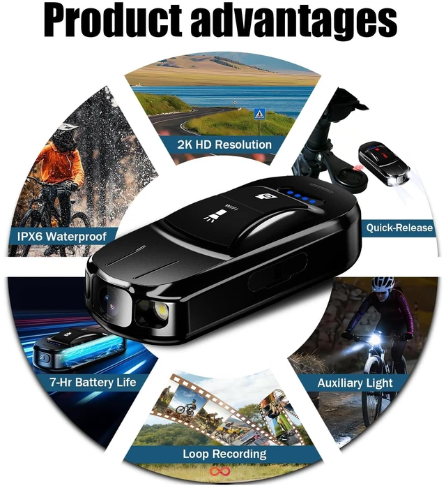 Alt view image 2 of 7 - Bike Camera, Bicycle Camera with Up to 7H Recording, Loop Recording, WiFi App, IPX6 Waterproof, 100-Lumen Light, 32GB Card & 2 Bike Mounts for Cycling