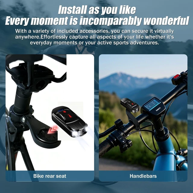 Alt view image 5 of 7 - Bike Camera, Bicycle Camera with Up to 7H Recording, Loop Recording, WiFi App, IPX6 Waterproof, 100-Lumen Light, 32GB Card & 2 Bike Mounts for Cycling