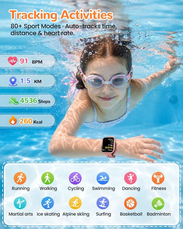Alt view image 3 of 7 - Kids Smart Watch with Step Counter, Sleep Monitor, Gifts for Girls 1.83" Smart Watch for Kids with 100+ Sports Modes, IP68 Waterproof, Step Counter, Puzzle Games, Pink