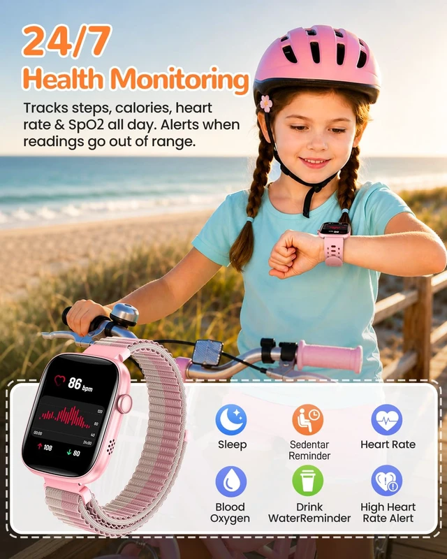 Alt view image 4 of 7 - Kids Smart Watch with Step Counter, Sleep Monitor, Gifts for Girls 1.83" Smart Watch for Kids with 100+ Sports Modes, IP68 Waterproof, Step Counter, Puzzle Games, Pink