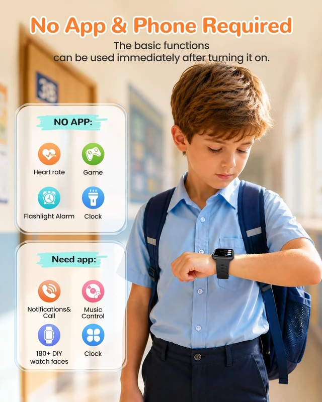 Alt view image 2 of 7 - Smart Watch for Kids with No Phone Needed, Heart Rate, for Child Ages 5-12 1.83" Fitness Smart Watch for Kids with 80+ Sports Modes, IP68 Waterproof, Sleep Monitor, Step Counter, Puzzle Games, Black