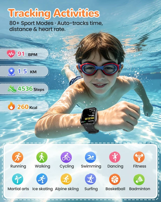 Alt view image 3 of 7 - Smart Watch for Kids with No Phone Needed, Heart Rate, for Child Ages 5-12 1.83" Fitness Smart Watch for Kids with 80+ Sports Modes, IP68 Waterproof, Sleep Monitor, Step Counter, Puzzle Games, Black