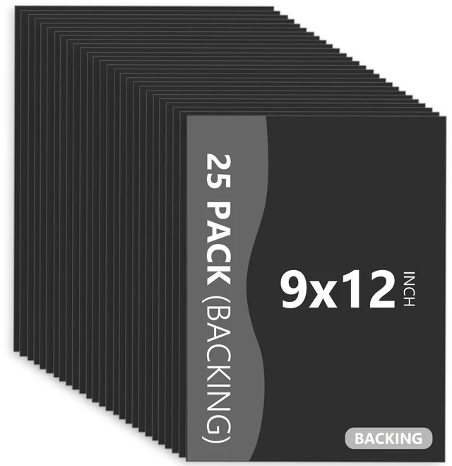 Main image of 25 Pack Backing Boards, 9x12 Uncut Black Mat Boards Acid Free Backerboards for Art Prints, Ideal for Photos, Pictures, Prints, and Frames
