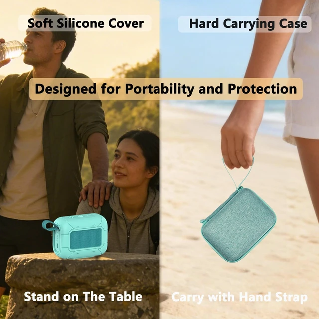 Alt view image 5 of 7 - Protective Case for JBL Go 5 Portable Bluetooth Speaker Accessories Hard Carrying Case and Silicone Cover with Metal Carabiner (Teal Case)