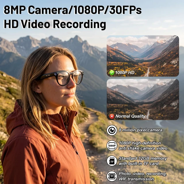 Alt view image 2 of 7 - Smart Glasses with Camera,8MP 1080P Video Camera for Men Women Bluetooth Recording Sunglasses with Ai Voice Assistant, Object Recognition, Translation, Outdoor Travel Work Sports