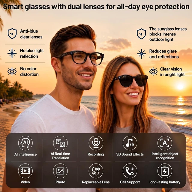 Alt view image 3 of 7 - Smart Glasses with Camera,8MP 1080P Video Camera for Men Women Bluetooth Recording Sunglasses with Ai Voice Assistant, Object Recognition, Translation, Outdoor Travel Work Sports