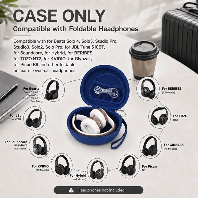 Alt view image 2 of 7 - Hard Headphone Case for Beats Solo 4 3 2 & Studio Pro Extra-Large Protective Shell for Foldable On-Ear Headsets, Storage for Students, Commuters, Home and Travel - Dark Blue